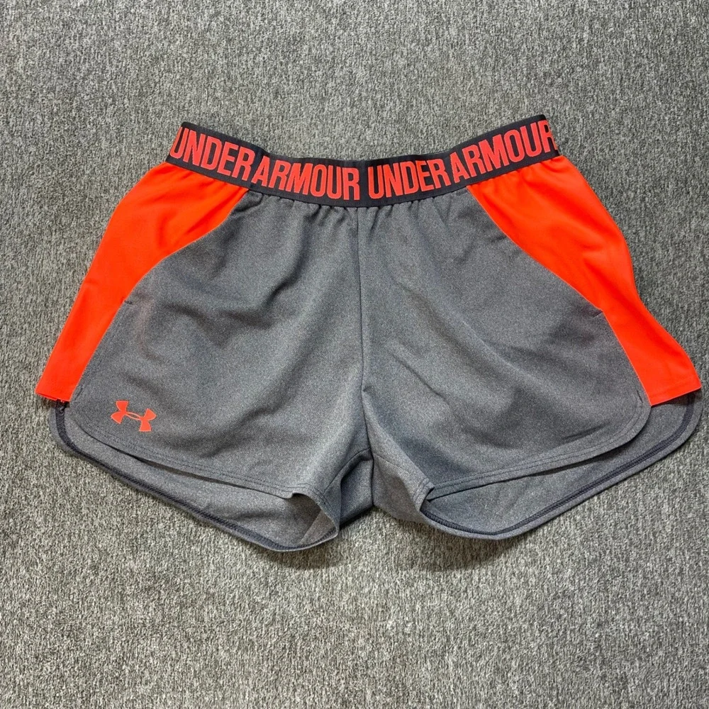 Under Armour Womens HeatGear Gray Orange Athletic Running Shorts Small NWT